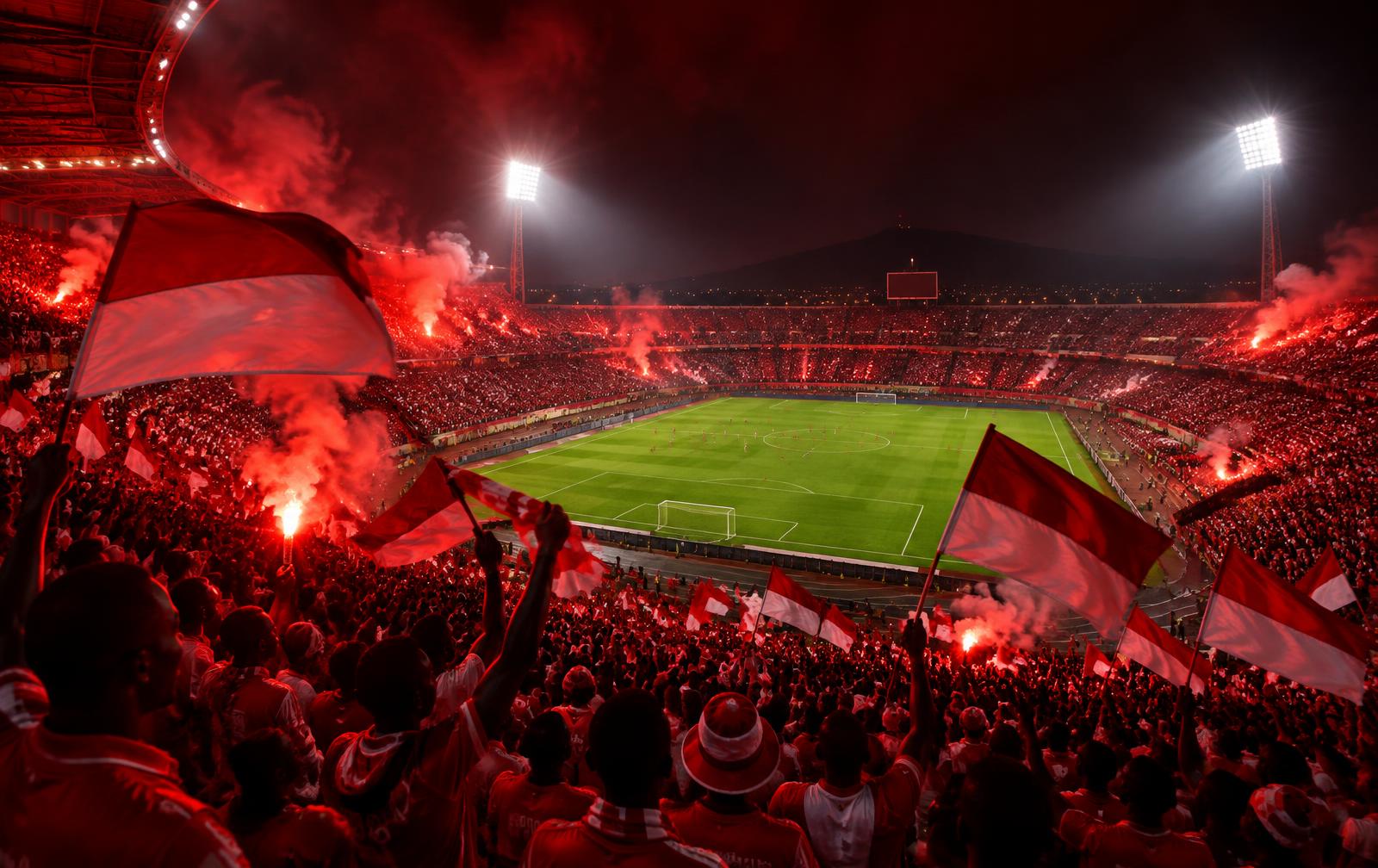 Nkana supporters at a floodlit stadium